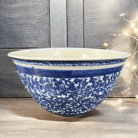 Vintage Hand Made Stoneware Pottery Dish Bowl Hand Glazed Blue Sponge ware Bowl - Picture 2 of 15